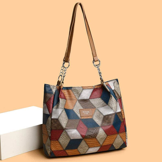 Retro Geometric Pattern Color-matching Shoulder Bag Fashion Large Capacity Stitching Handbag For Women Totes - Velora