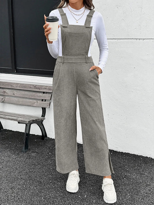 Slit Wide Leg Overalls with Pockets - Velora