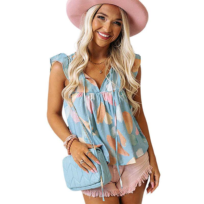 Women's Abstract Printing V-neck Ruffled Sleeve Top - Velora