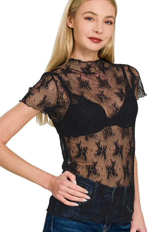 Zenana Lace See-through Layering Short Sleeve Top - Velora