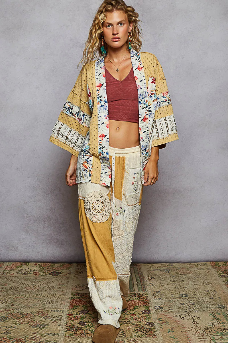 POL Raw Edge Open Front Patchwork Cardigan with Floral Trim - Velora
