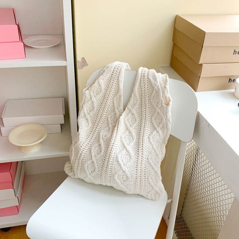 GWomen Shoulder Bags Portable Retro Hollow Knitted Woolen Yarn Bag Shoulder Tote Bag Solid Color Crochet Bag Large Capacity Shopping Tote Bags - Velora