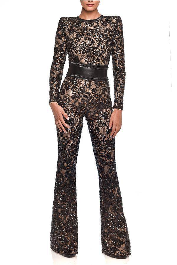 Composite Lace Sophisticated Slim Fit Jumpsuit - Velora