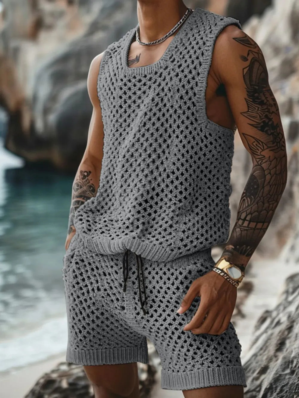 Men's Plus Size Hollow Out Round Neck Tank and Shorts Set - Velora