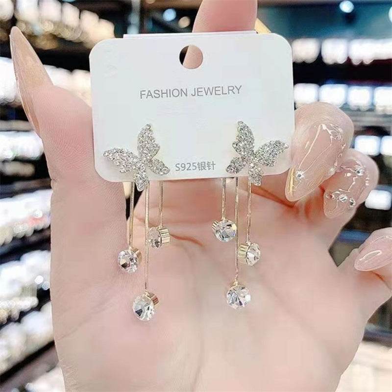 Fashion Jewelry Shiny Butterfly Rhinestone Drop Dangle Earrings Women Elegant Long Pearl Tassel Chain Pendant Party Jewelry - Velora