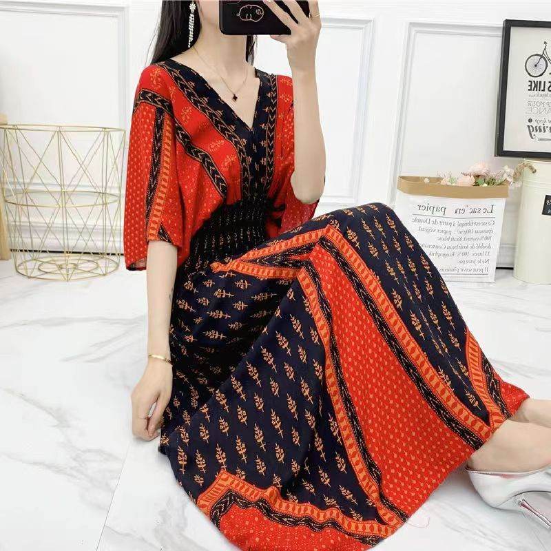 Cotton Silk Floral Dress Women's Summer Ethnic Style V-neck Short Sleeve Pastoral Style Skirt - Velora