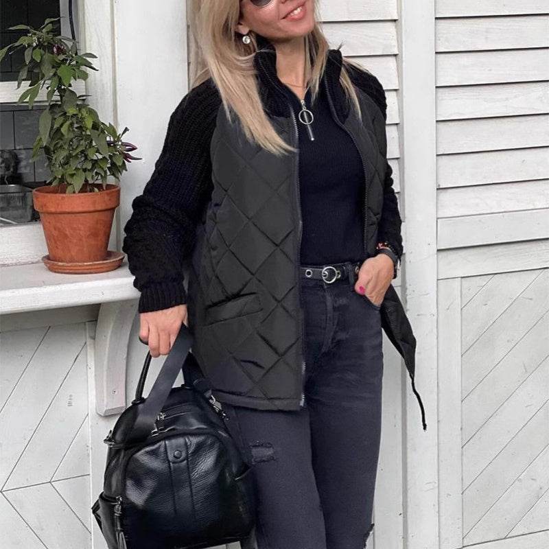 Stand Collar Cotton Jacket With Pockets Fashion Knitted Stitching Zipper Coat Winter Warm Tops For Women - Velora
