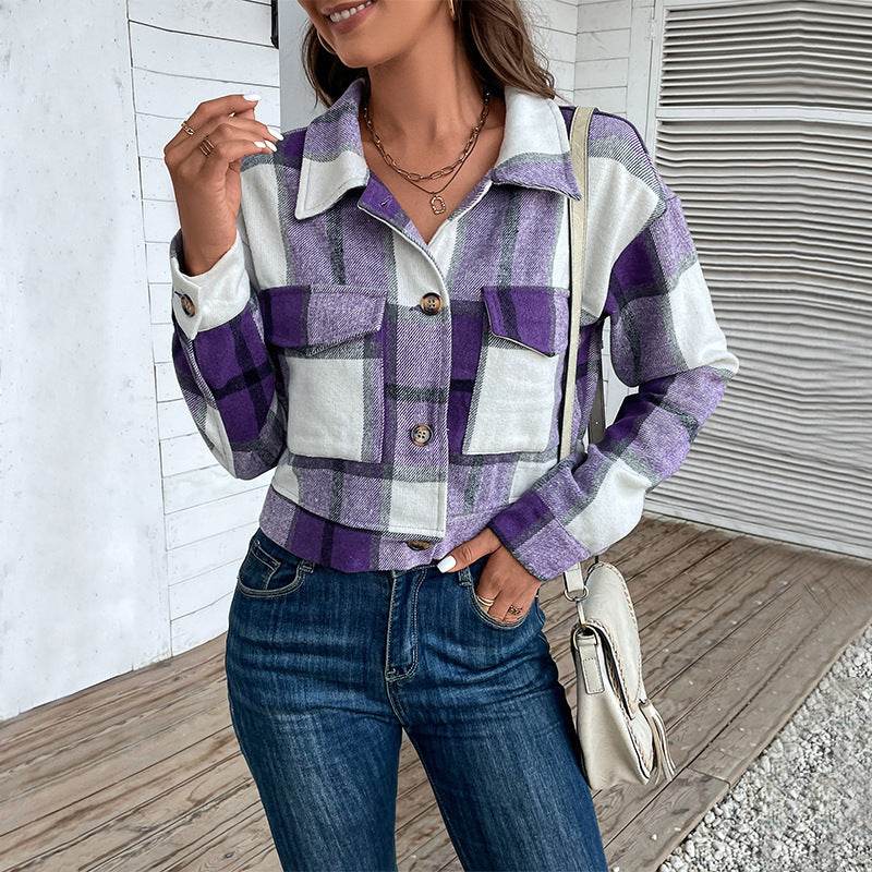 Plaid Lapel Cropped Jacket With Pockets Fashion Button Long Sleeve Short Outwear Tops Coat For Womens Clothing - Velora
