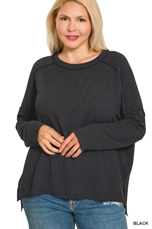 Zenana Full Size Exposed Seam Long Sleeve Corded Rib Knit Top Plus Size - Velora