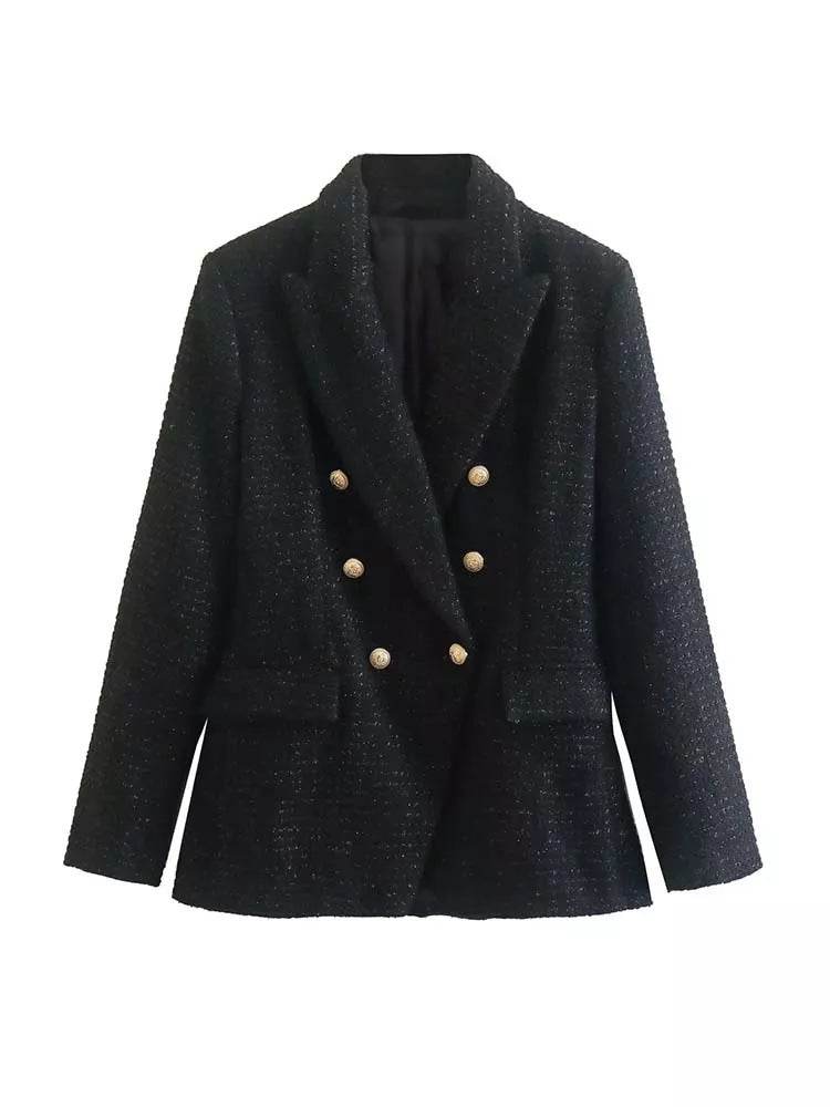 Classy Urban Women Textured Double Breasted Tweed Blazer - Velora