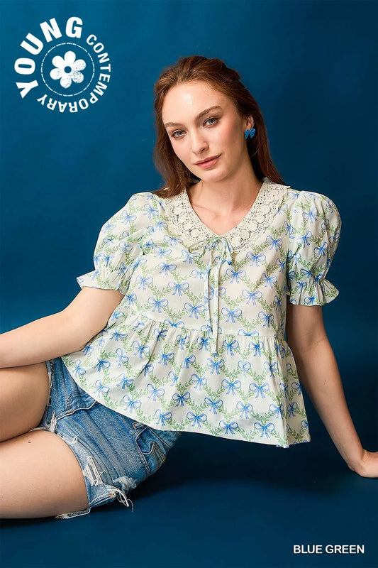 Umgee Lace Detail Bow Print Flounce Sleeve Blouse - Velora
