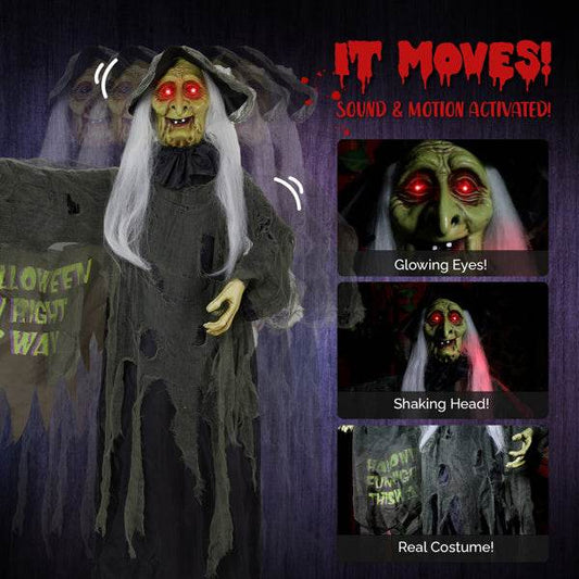 6ft Eye Red Light Vibration Witch Sound Voice Control, Standing Guiding Witch, Battery Model - Batteries Not Included, Halloween Standing Decoration - Velora