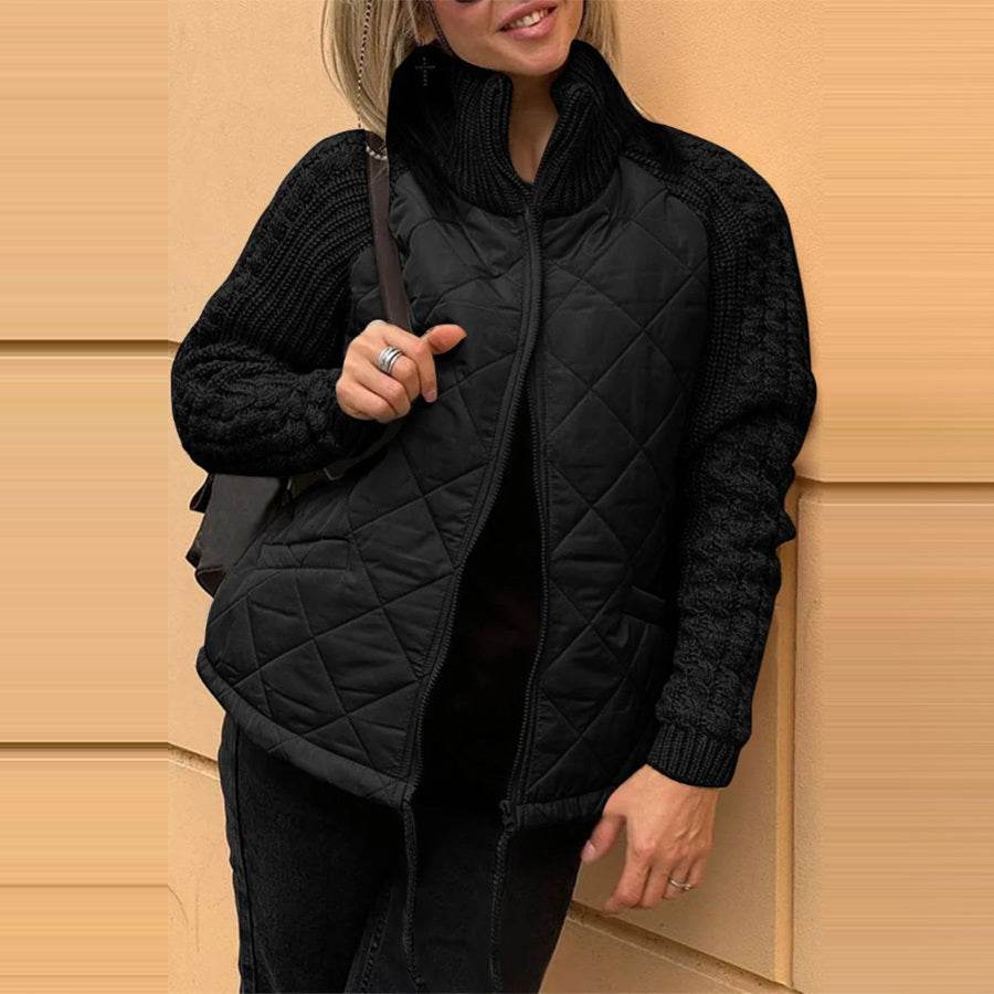Stand Collar Cotton Jacket With Pockets Fashion Knitted Stitching Zipper Coat Winter Warm Tops For Women - Velora