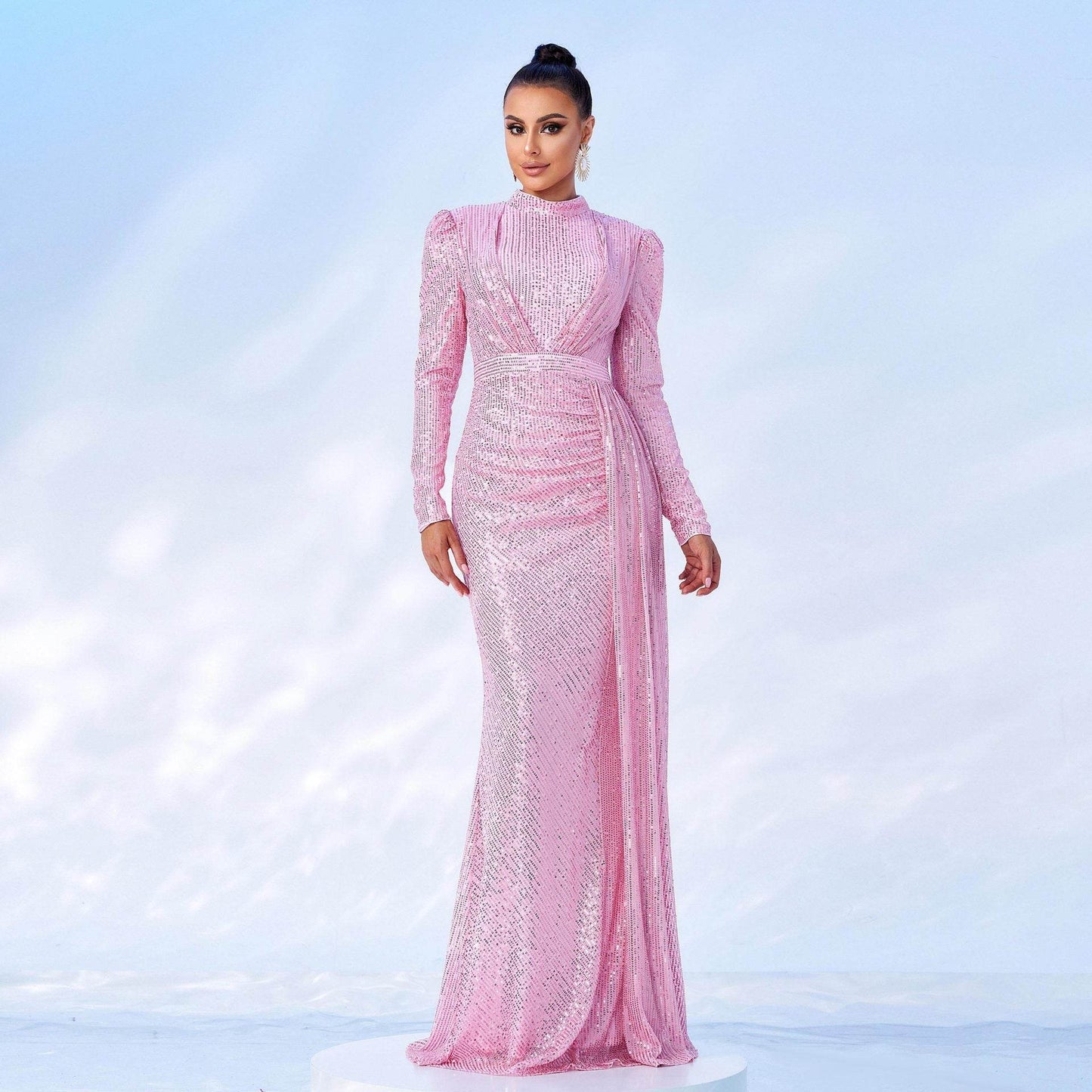 Long Sleeve Round Neck Sexy Slim Long Sequined Banquet Dress - Velora