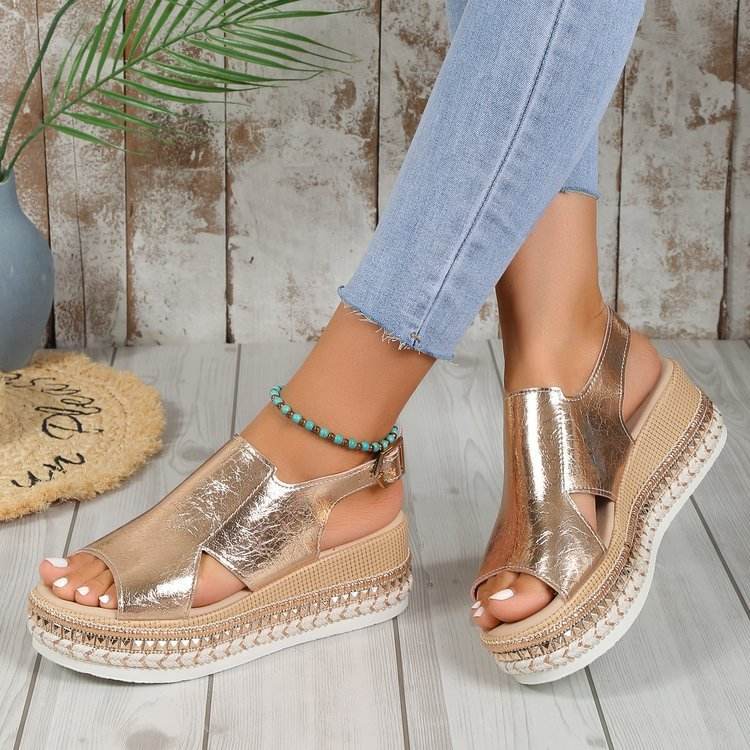 Summer Shiny Sandals Hollow Design Fish Mouth Sandal For Women Fashion Buckle Wedges Shoes - Velora