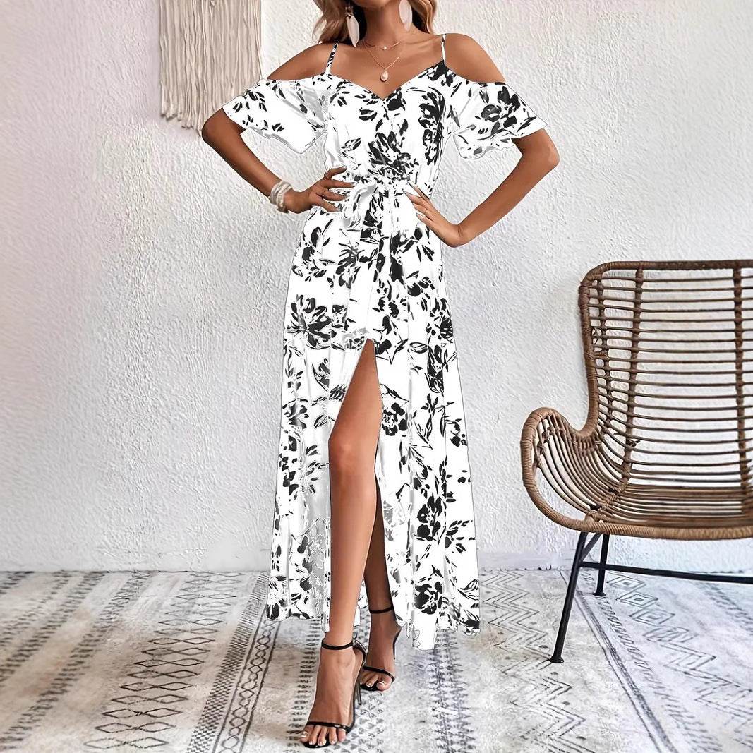 Ins Off-Shoulder Split Dress Summer Floral Print Suspender Long Dresses With Belt Design Women's Beach Clothing - Velora