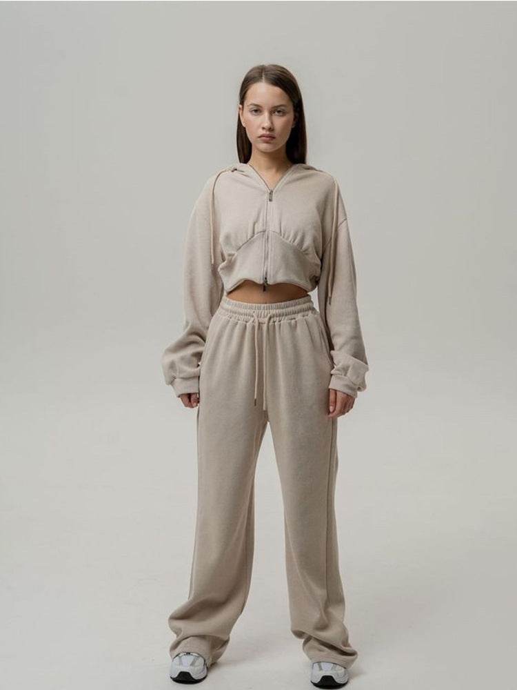 Long Sleeve Zipper Hooded Sweater Solid Color Laced Pants Two-piece Set - Velora