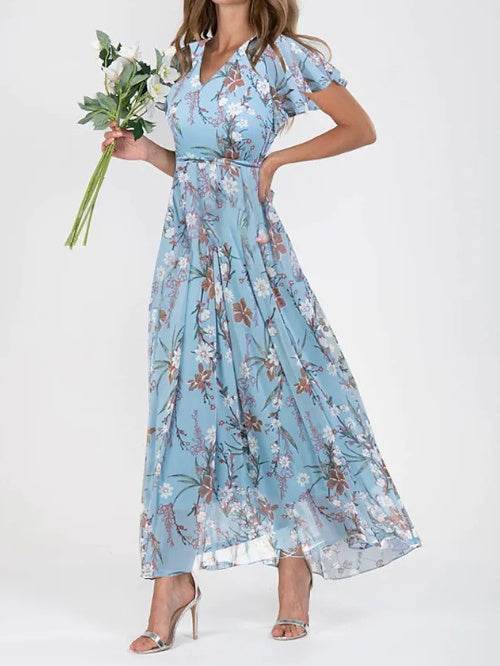 Flowers Print Short Sleeve Dress Summer Fashion Ruffle Beach Dresses Women's Clothing - Velora