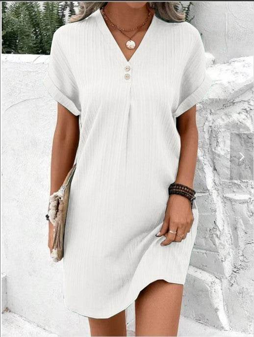 Fashion V-neck Short-sleeved Dress Casual Solid Strip Button Dresses Womens Clothing - Velora