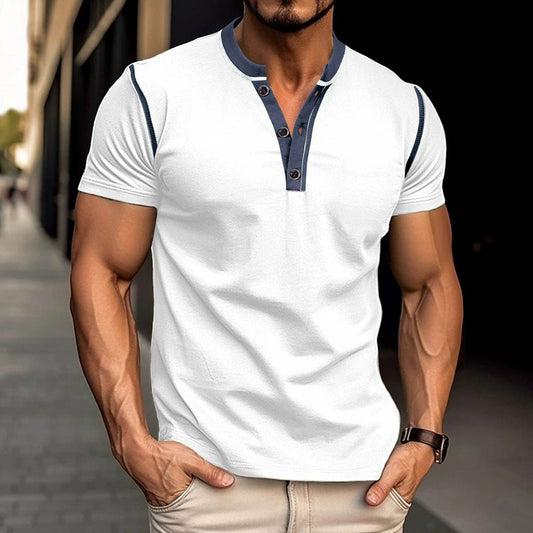 Fashion Short-sleeved Polo Shirt Summer Button V-neck T-shirt Tops Mens Clothing - Velora