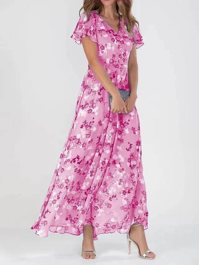 Flowers Print Short Sleeve Dress Summer Fashion Ruffle Beach Dresses Women's Clothing - Velora