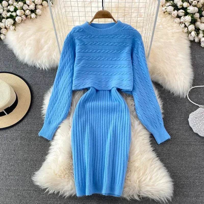 Autumn Winter Sassy Woolen Knitted Two Piece Midi Sweater Dress Outfit set - Velora