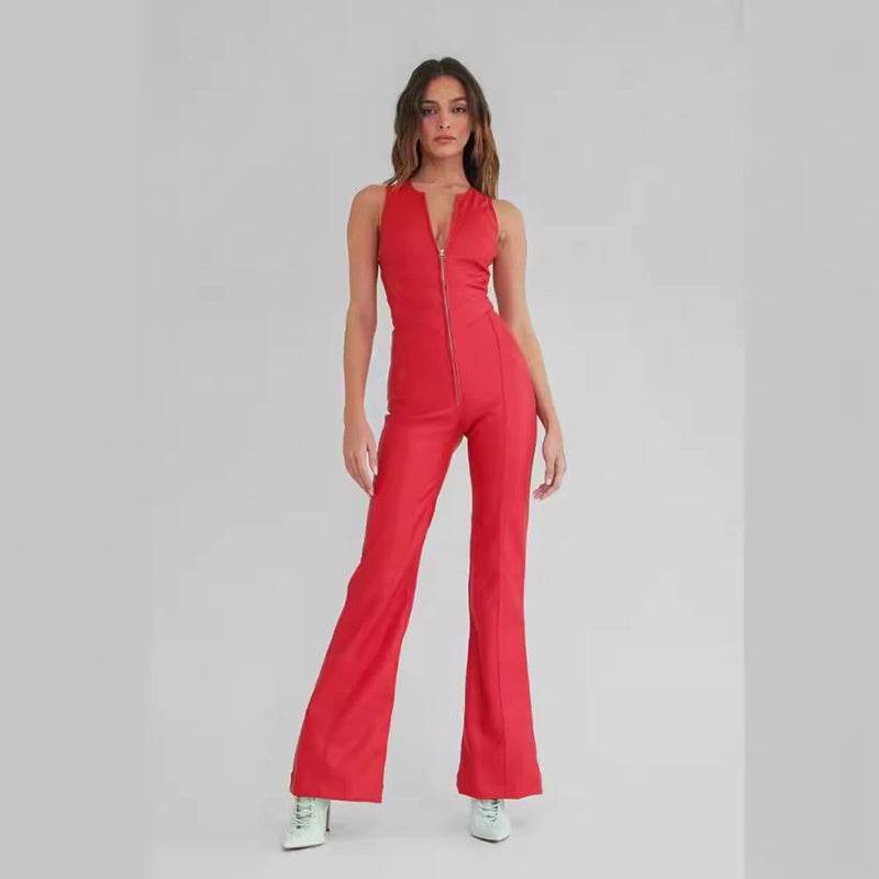 Summer Slim Heart-shape Backless Denim Jumpsuit Women Halter Neck Zip Up High Waist Panst Retro Style Clothing - Velora