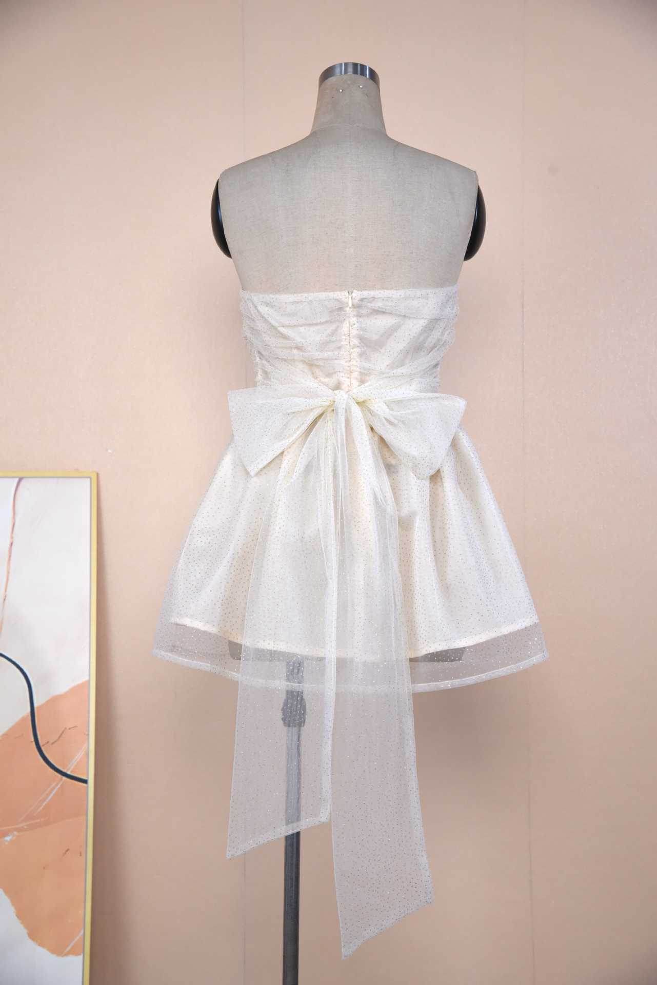 Tube Top Lace Dress With Back Bow-knot Summer Fashion Temperament Mesh Stitching Off-neck Short Skirt - Velora