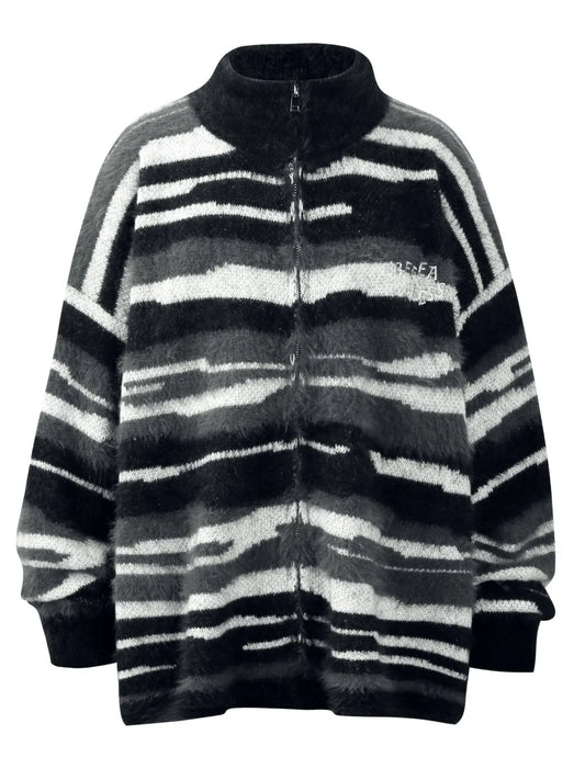 Men's Striped Fuzzy Zip-Up Cardigan - Velora