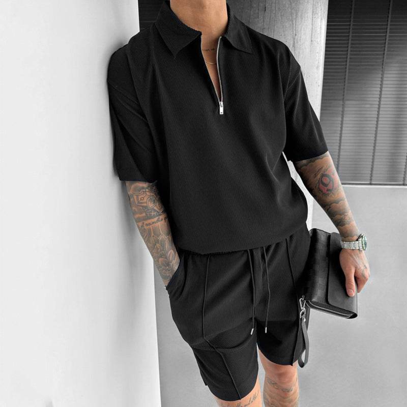 Summer Fashion Mens Clothing Men's Suits New Zipper Polo Casual Short Sleeve Drawstring Shorts Men's Set - Velora