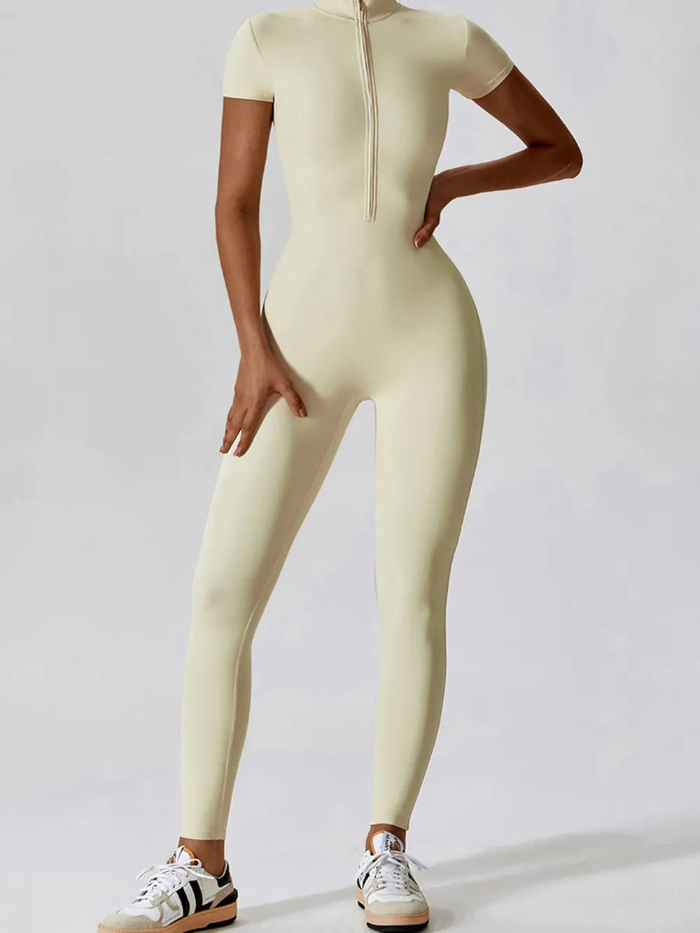Basic Bae Half Zip Short Sleeve Active Jumpsuit - Velora