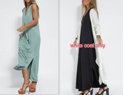 New Solid Color V-neck Sleeveless Dress Long Cardigan Jacket Suit For Women - Velora