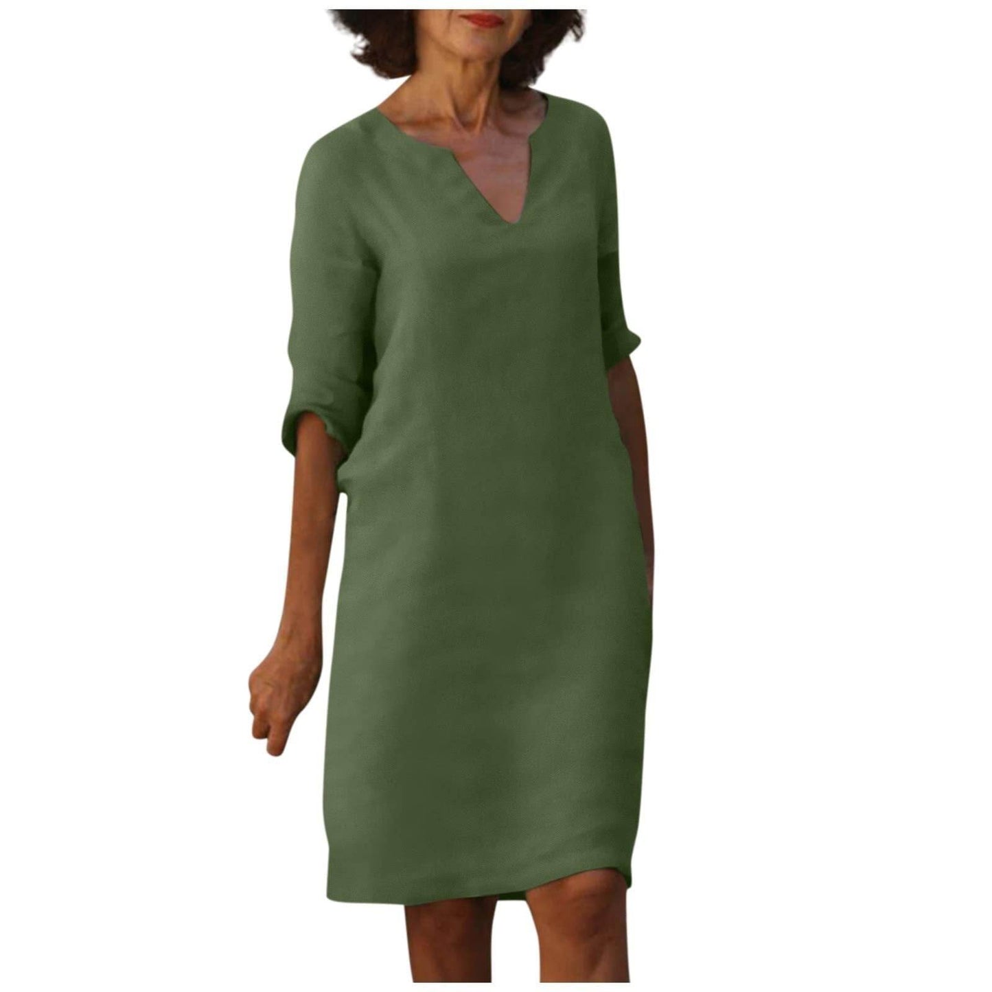 Cotton And Linen V-neck Dress Summer Stitching Retro High Waist Pure Color Dresses - Velora