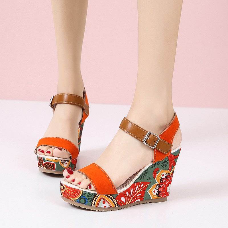Fashion Flowers Embroidered High Wedge Sandals For Women Summer Toe Platform Buckle Shoes - Velora