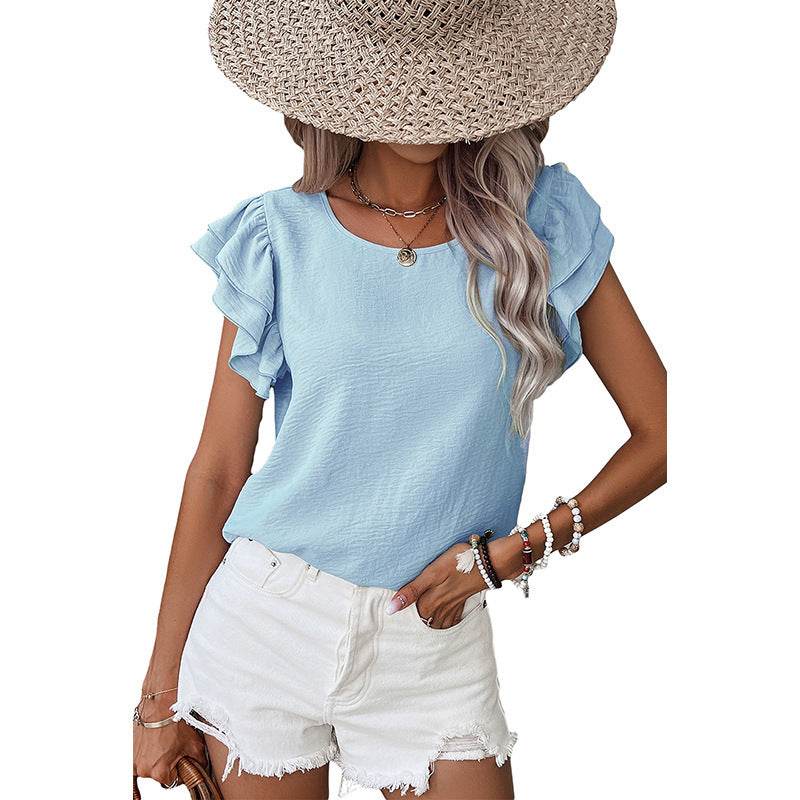 Summer Solid Color Petal Sleeve Pullover Women - Velora