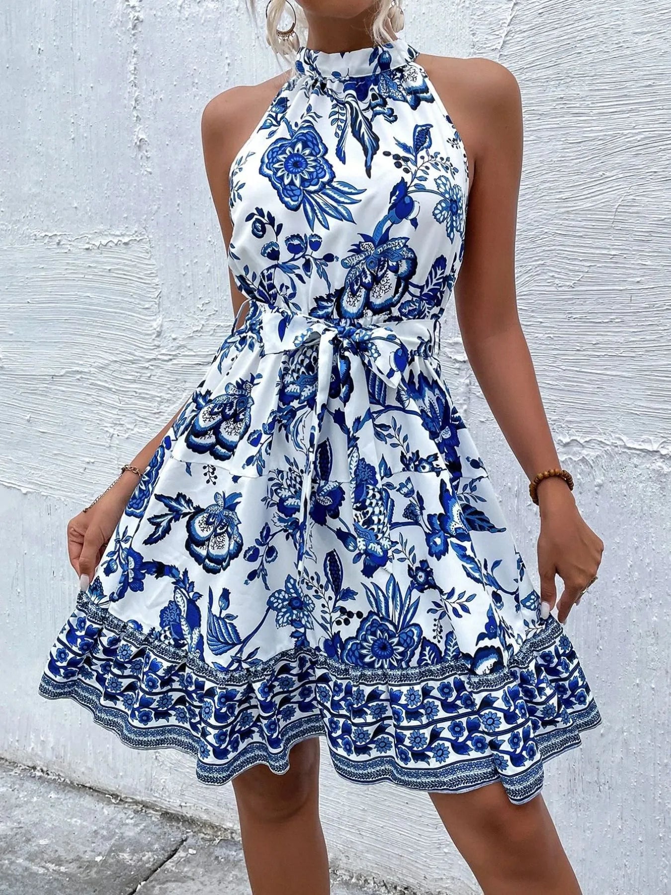 Floral Halter Neck Summer Dress with Belt - Velora