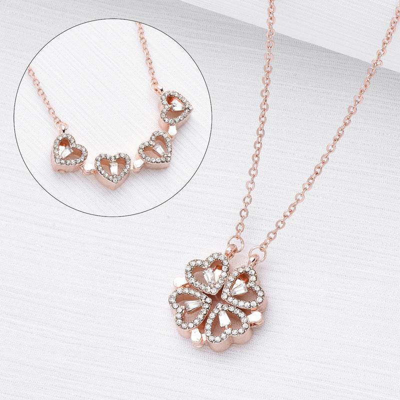 Retro Magnetic Folding Heart Shaped Four Leaf Clover Pendant Necklace Women Love Clavicle Chain Gifts Openable Choker Jewelry - Velora