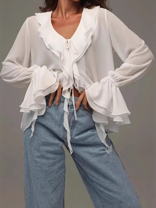 Ruffled V-Neck Flounce Sleeve Blouse - Velora