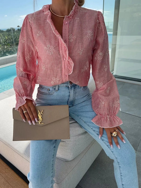 Button Up Flounce Sleeve Shirt - Velora