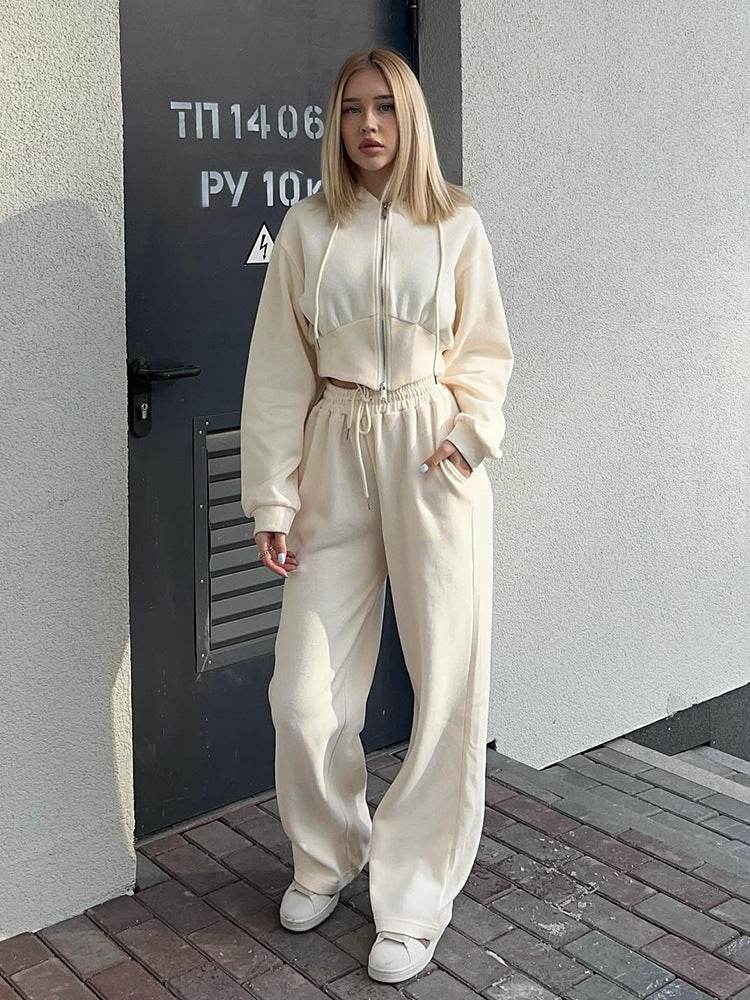 Long Sleeve Zipper Hooded Sweater Solid Color Laced Pants Two-piece Set - Velora