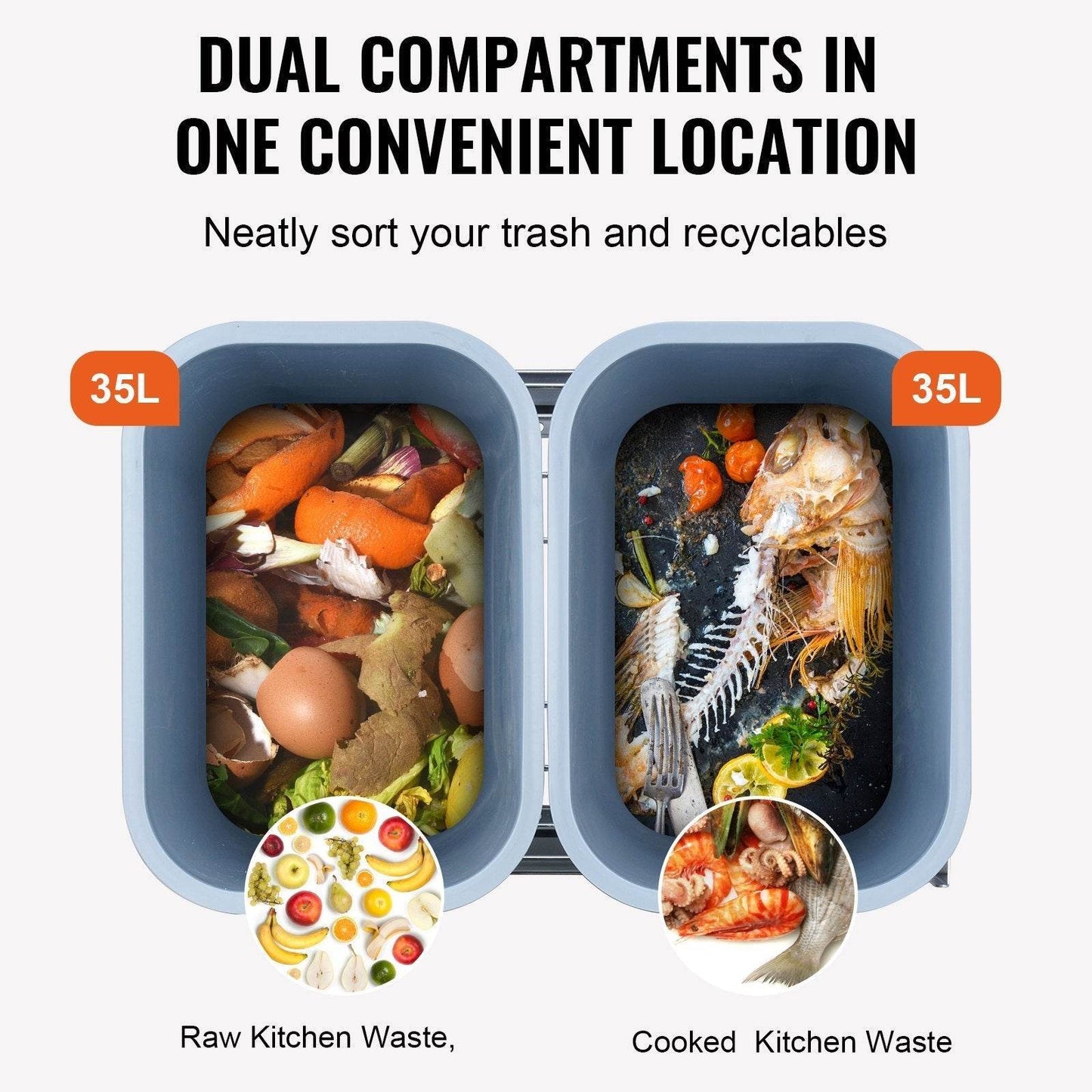 Pull-Out Trash Can, 35Lx2 Double Bins, Under Mount Kitchen Waste Container With Slide And Door Mounting Kit, 110 Lbs Load Capacity Heavy Duty Garbage Recycling Bin For Kitchen Cabinet, Sink - Velora