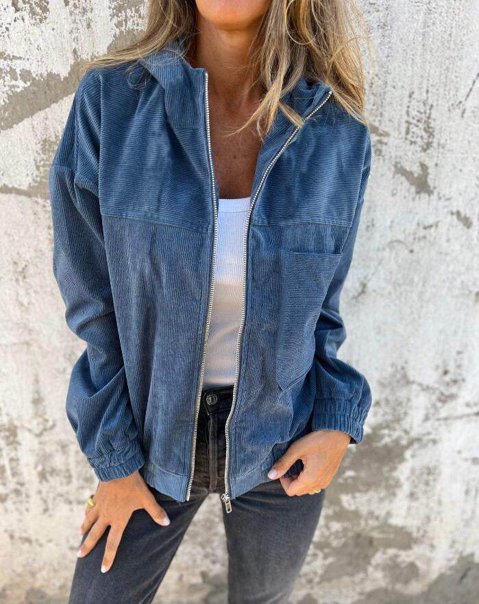 Women's Solid Color Simple Corduroy Hooded Jacket - Velora