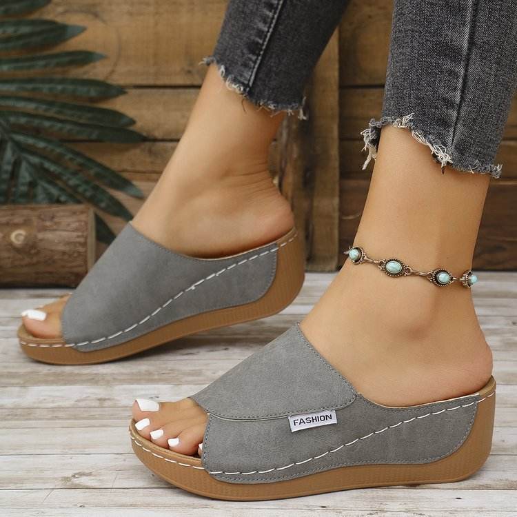 Summer Wedge Slides Slippers Fashion Fish Mouth Thick Bottom Roman Shoes Solid Color Beach Sandals For Women - Velora