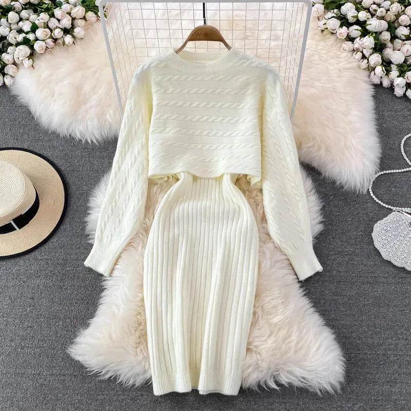 Autumn Winter Sassy Woolen Knitted Two Piece Midi Sweater Dress Outfit set - Velora