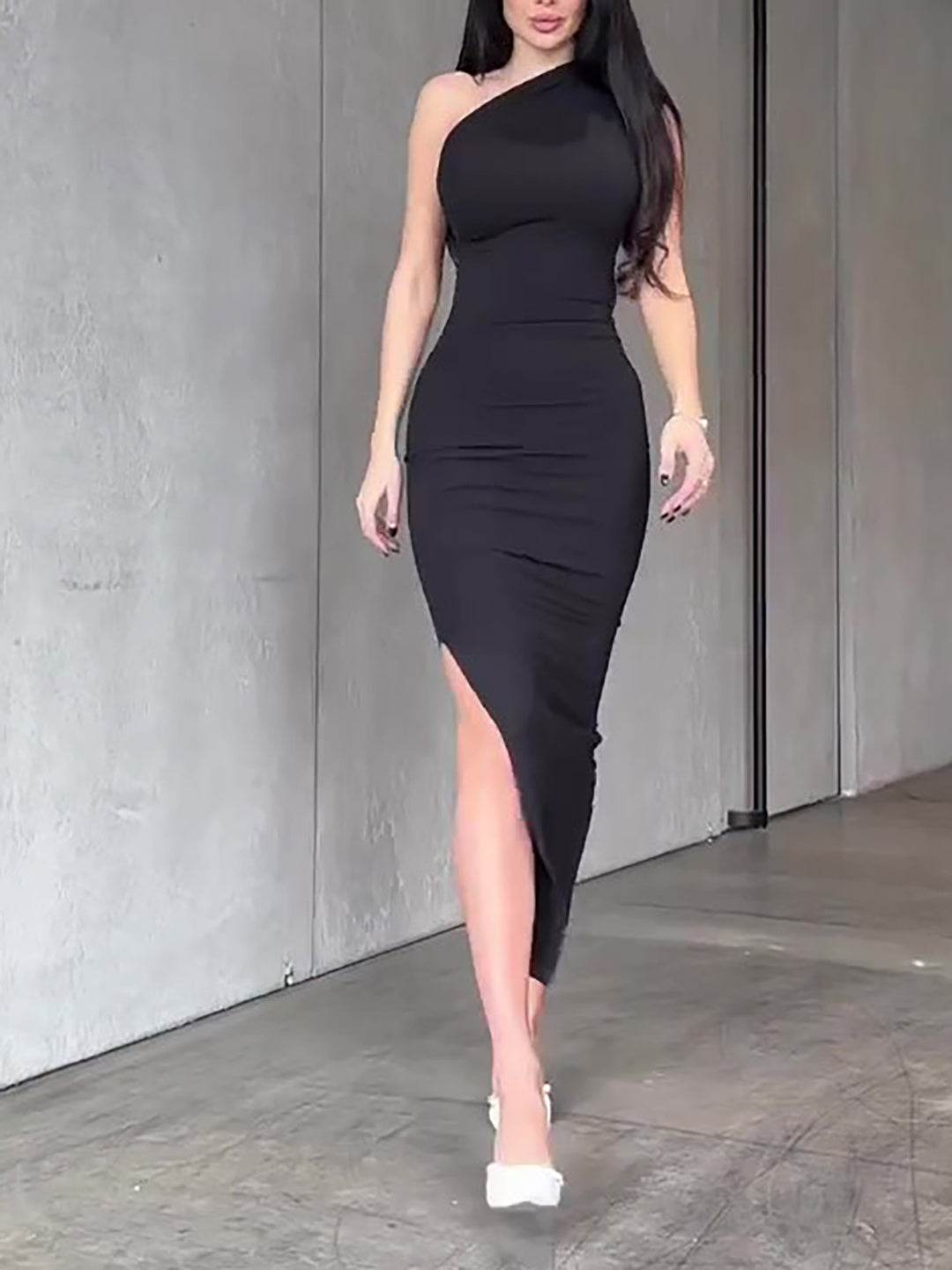 Solid Color One Shoulder Slit Dress - Velora