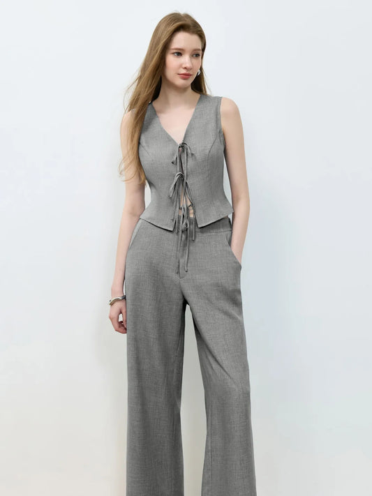 Tie Front Vest and Wide Leg Pants Set - Velora