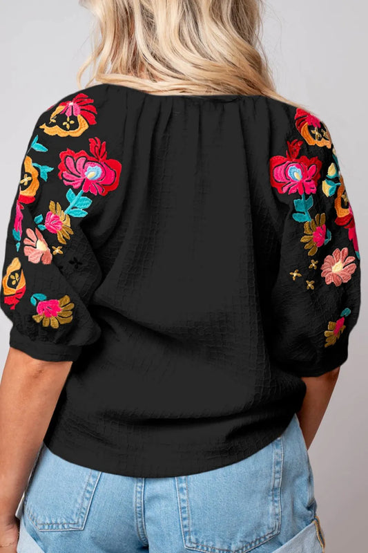 Floral Embroidered Notched Puff Sleeve Blouse - Velora