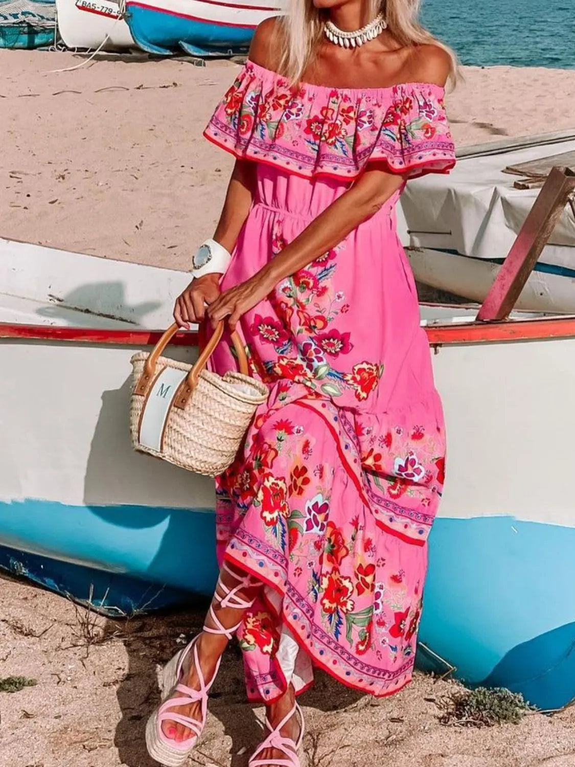 Floral Off Shoulder Ruffle Maxi Dress - Velora