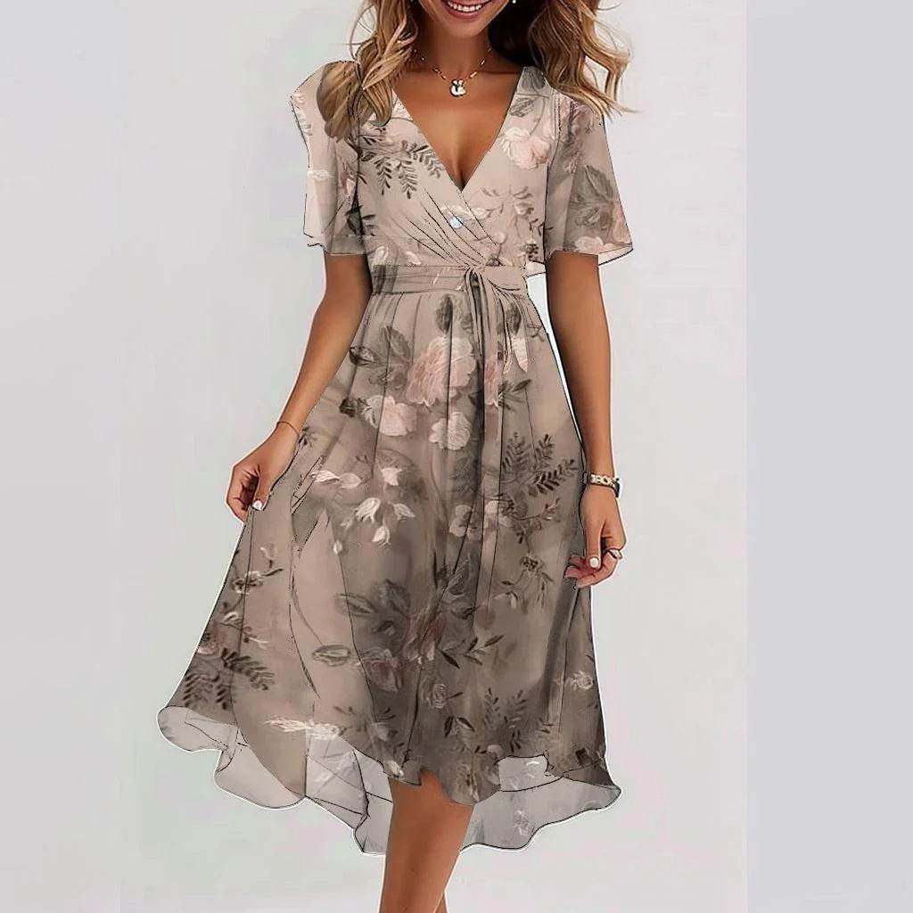Chiffon Printed Short Sleeve Dress Summer Elegant V-neck Dresses Womens Clothing - Velora
