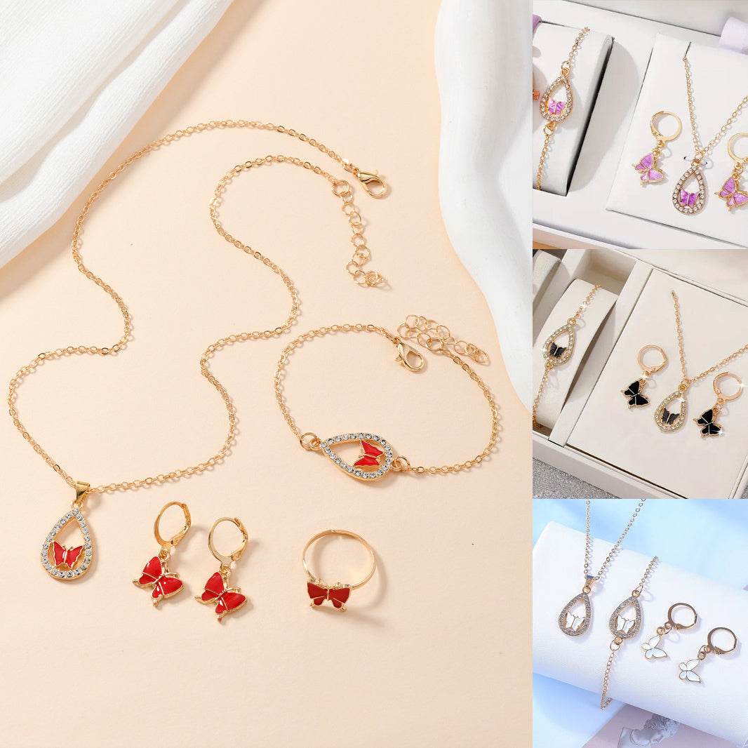 4PCS Set Luxury Women Butterfly Necklace Bracelet Earrings Drop Oil Diamond Jewelry For Girl Gift Jewelry Fashion Jewelry Set - Velora